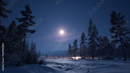 Snowy forest landscape under a full moon and starry night sky winter stars