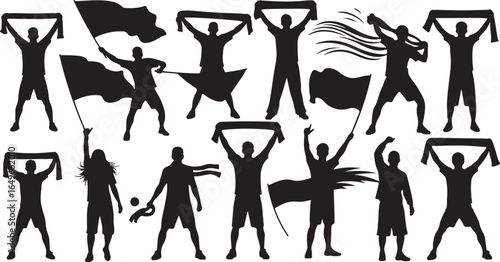Vector art of silhouette of cheering fans holding flags and scarves at a sports event, isolated on white background