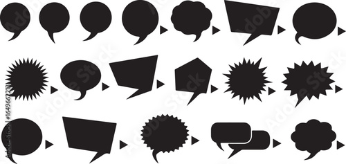 Vector art of collection of diverse black speech bubbles and dialogue icons isolated on white background, representing communication and conversation in various shapes and styles