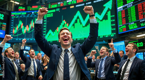 Stock traders celebrating strong market growth with green charts in the background. Use for finance success, stock trading, investment promotion, and economic growth concepts.