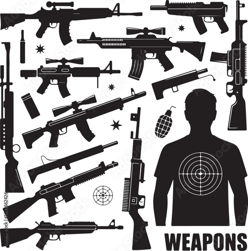 Military weapons and target silhouette with text WEAPONS rifle firearm
