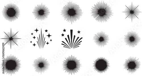 Vector art of collection of abstract starburst and sparkle graphic elements isolated on white background, representing bursts, explosions, fireworks, and shining lights for festive designs