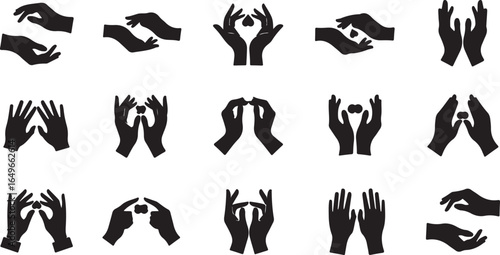 Vector art of collection of black hand gestures and icons isolated on white background, representing various actions like holding, cupping, giving, and receiving, symbolizing support and care