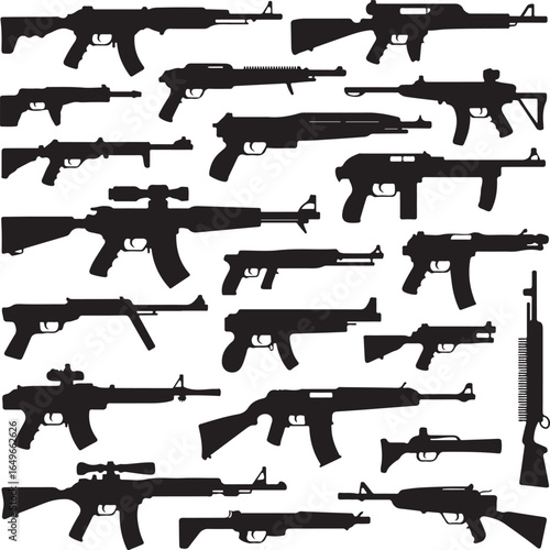 Assortment of firearm silhouettes including rifles and submachine guns weapon military