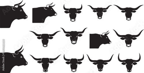 Vector art of collection of bull and cattle head silhouettes in various poses, isolated on white background