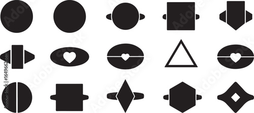 Vector art of a collection of black geometric shapes including circles, ovals, squares, triangles, hexagons, diamonds, and heart shapes, isolated on a white background