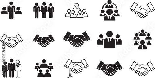 Vector art of collection of business icons featuring teams, handshakes, and collaboration, isolated on white background