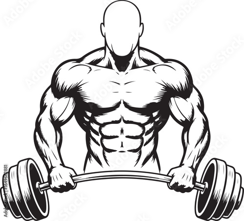 Muscular man with faceless head holding a barbell with weights bodybuilding weightlifting