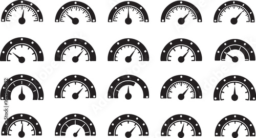 Vector art of collection of 20 black speedometer gauges with various readings, isolated on a white background, representing speed, performance, and measurement