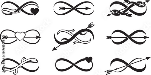 Vector art of collection of nine stylized infinity symbols, isolated on white background, featuring hearts and arrows, representing love and eternity