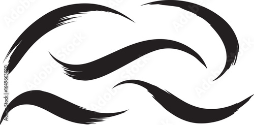 Vector art of collection of five black brush strokes isolated on a white background, representing artistic and expressive design elements with a textured, handdrawn appearance