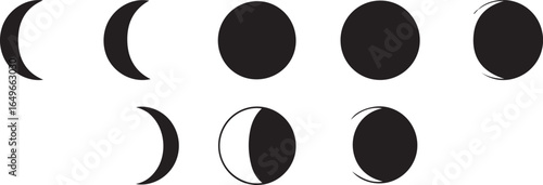 Illustration of the different phases of the moon, showing the cycle from new moon to full moon and back again, isolated on white background