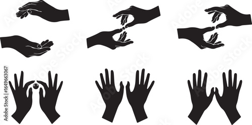 Vector art of collection of black hand gestures and poses isolated on a white background, showcasing various interactions and symbolic meanings