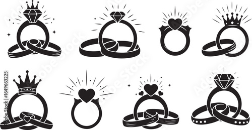 Vector art of collection of elegant wedding and engagement rings with diamonds and heart