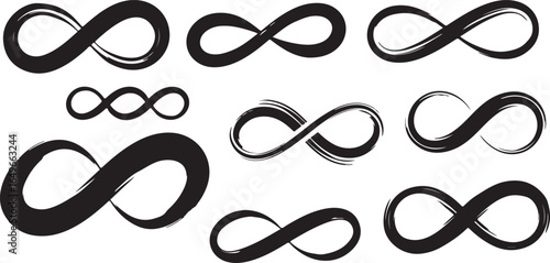 Vector art of collection of various black infinity symbols isolated on white background, representing concepts of endlessness, eternity, and limitless possibilities