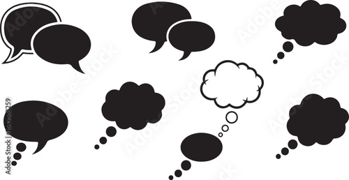 Vector art of collection of various black speech bubbles and thought clouds isolated on white background, representing communication, ideas, and conversation in different styles