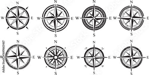 Vector art of collection of eight vintage compass roses isolated on white background, each displaying cardinal directions and serving as a navigational tool for travel and exploration