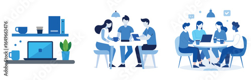 Isometric happy worker enjoying team lunch in office cafeteria on white background.