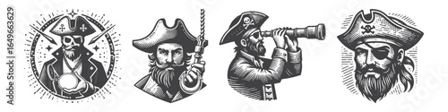 Vintage Hand-Drawn Pirate Pointing Telescope Illustration, Nautical Character Engraved Vector for Adventure and T-Shirt Design