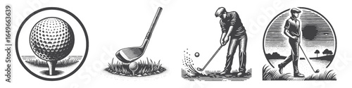 Vintage Hand-Drawn Golfer Walking On Fairway Illustration, Sports Player Engraved Vector for Golf and T-Shirt Design