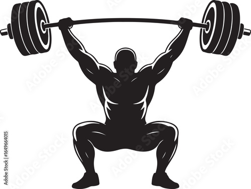 Silhouette of a muscular man lifting a heavy barbell overhead in a squat position weightlifting strength