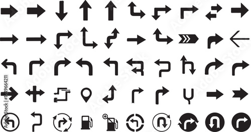 Vector art of a collection of various arrow symbols and icons representing direction, movement, and navigation, isolated on a white background