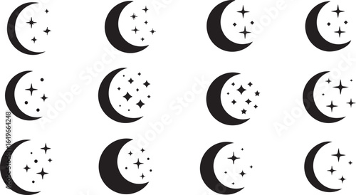 Vector art of collection of crescent moon icons with twinkling stars, isolated on white background, representing celestial bodies and night sky elements