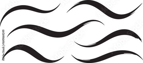 Vector art of set of six black brush stroke waves isolated on white background, representing abstract design elements with a handdrawn, artistic feel