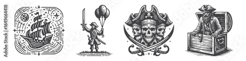 Vintage Hand-Drawn Pirate With Balloon Illustration, Nautical Character Engraved Vector for Adventure and T-Shirt Design