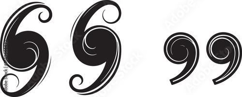 Vector art of ornate black quotation marks isolated on white background, decorative typography elements symbolizing speech, writing, and communication with elegant curly swirls