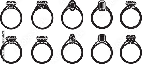 Vector art of collection of ten different diamond engagement rings with various gemstone cuts and settings, isolated on a white background, symbolizing love and commitment