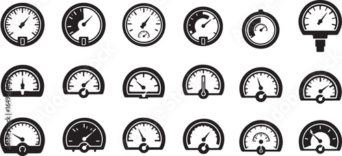 Vector art of collection of various gauge and meter icons, including speedometers and tachometers, isolated on a white background