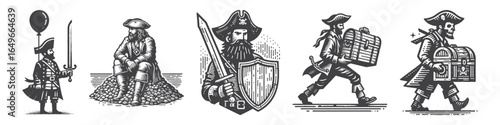 Vintage Hand-Drawn Pirate With Shield And Sword Illustration, Nautical Character Engraved Vector for Adventure and T-Shirt Design