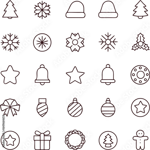 Christmas Holiday Line Art Icon Set Vector Illustration