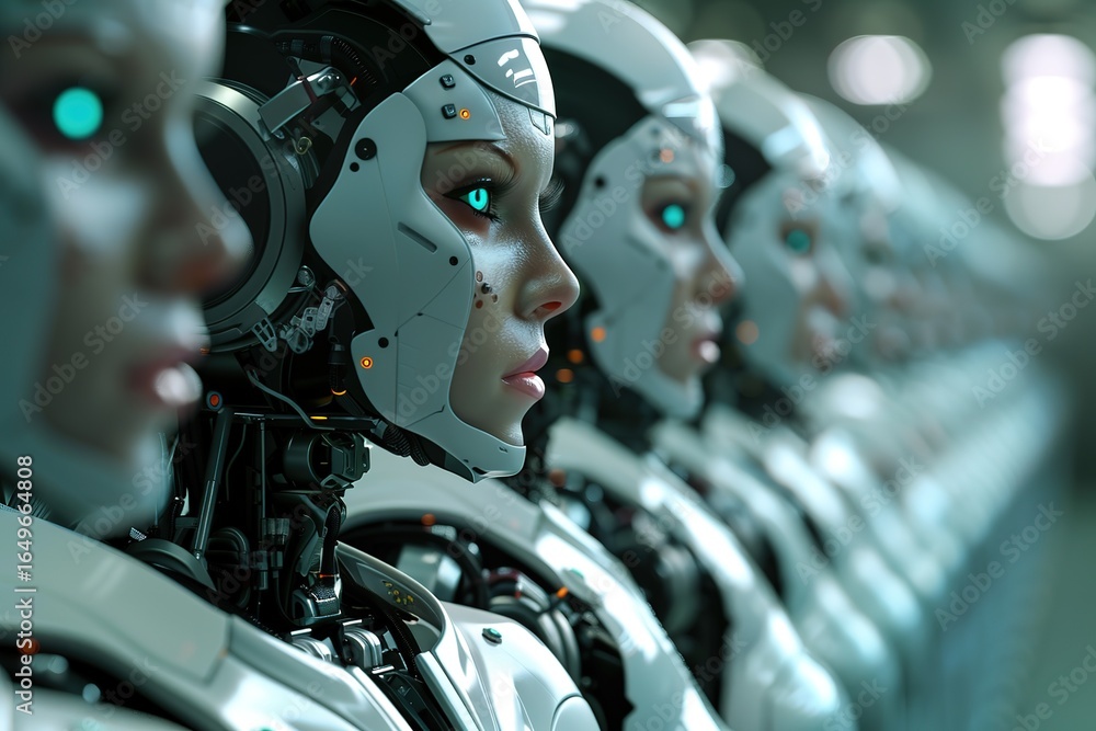 Fototapeta premium 3d rendering of leader human robot portraits with robotics army, industrial group of cyborg machines on factory background.