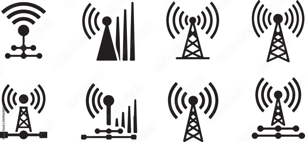 Fototapeta premium Vector art of collection of wireless communication signal and antenna tower icons isolated on white background