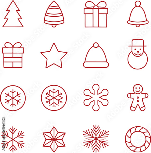 Christmas Holiday Line Art Icon Set Vector Illustration