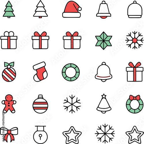 Christmas Holiday Line Art Icon Set Vector Illustration