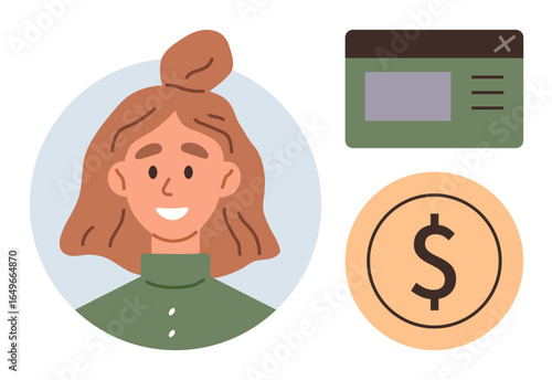 Smiling woman portrait, dollar coin representing money, and a web interface concept. Ideal for finance, banking, e-commerce, digital wallet, customer service, fintech and simple flat metaphor