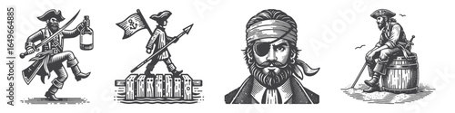 Vintage Hand-Drawn Pirate Walking With Flag Illustration, Nautical Character Engraved Vector for Adventure and T-Shirt Design