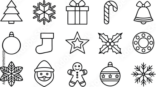 Christmas Holiday Line Art Icon Set Vector Illustration