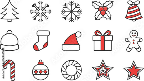 Christmas Holiday Line Art Icon Set Vector Illustration