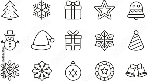 Christmas Holiday Line Art Icon Set Vector Illustration