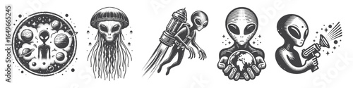 Vintage Hand-Drawn Alien With Jellyfish Bearded Illustration, Space Creature Engraved Vector for Sci-Fi and T-Shirt Design