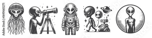 Vintage Hand-Drawn Alien Using Telescope Illustration, Space Creature Engraved Vector for Sci-Fi and T-Shirt Design