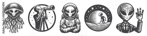 Vintage Hand-Drawn Alien Wearing Astronaut Suit Illustration, Space Creature Engraved Vector for Sci-Fi and T-Shirt Design