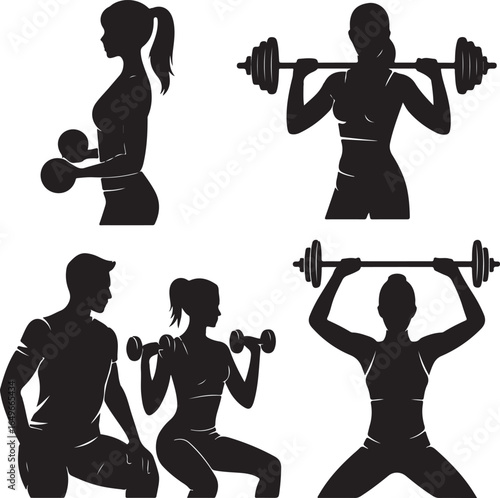 Silhouettes of people exercising with weights and barbells in gym Keywords: fitness, silhouettes