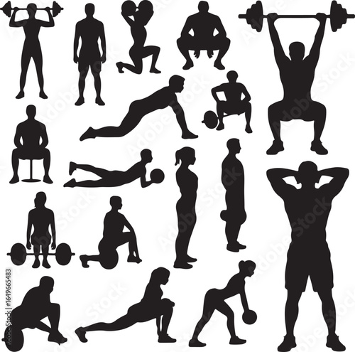 Assortment of black silhouettes of people engaged in various fitness activities exercise workout