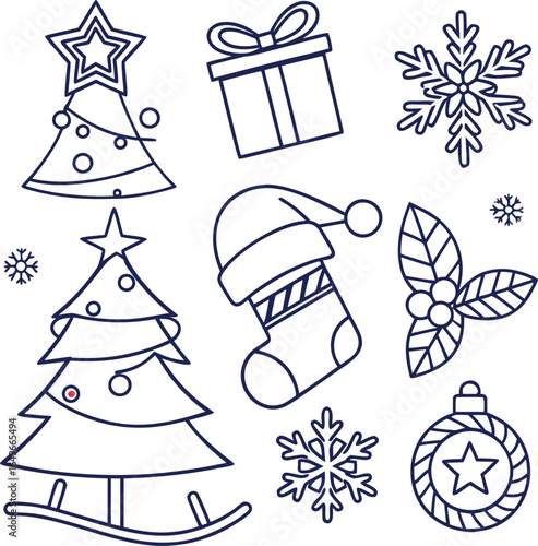 Christmas Holiday Line Art Icon Set Vector Illustration