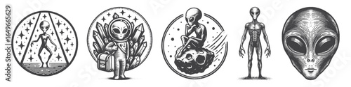 Vintage Hand-Drawn Alien Sitting Calm On Meteor Illustration, Space Creature Engraved Vector for Sci-Fi and T-Shirt Design